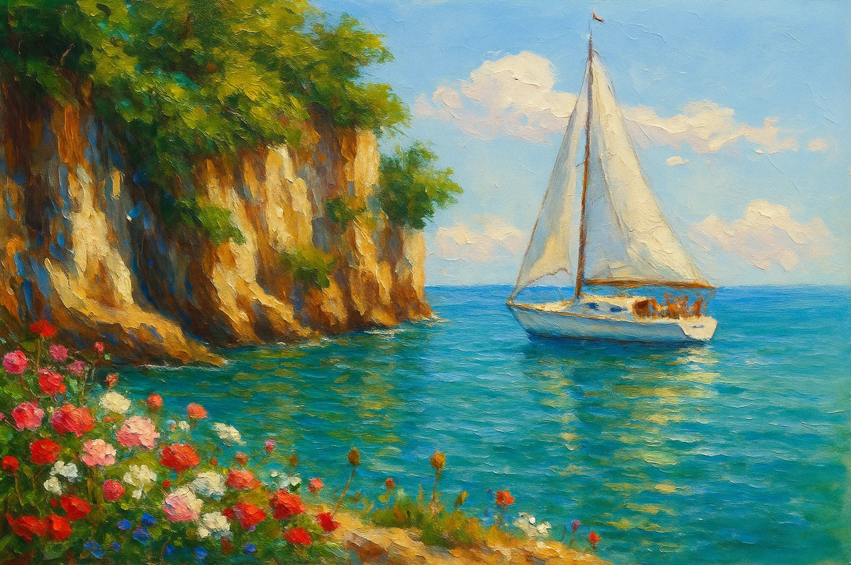 Sailboat and Blossoms on a Calm Sea Paint by Numbers Kit — unframed artwork detail