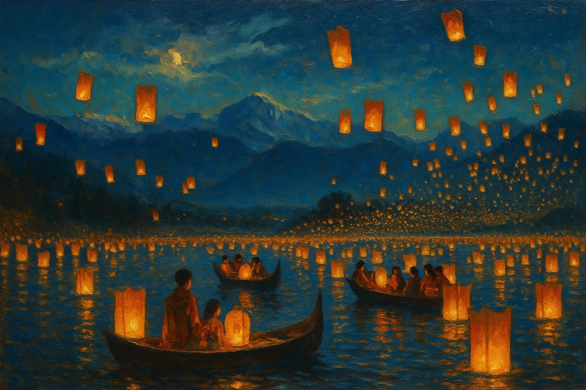 Vietnam Lantern Festival on the River Paint by Numbers Kit — unframed artwork detail