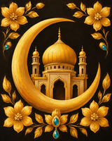 Golden Crescent Moon and Mosque Paint by Numbers Kit — unframed artwork detail