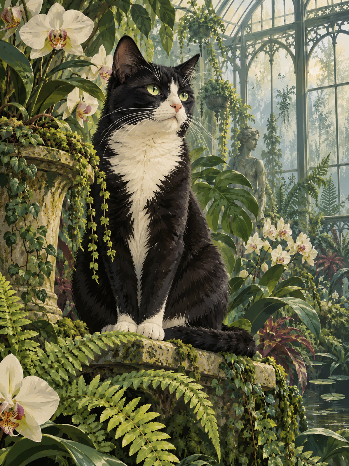 Longhaired Tabby Cat in a Greenhouse Paint by Numbers Kit — unframed artwork detail