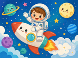 Cute Astronaut and Rocket Paint by Numbers Kit — unframed artwork detail