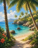 Tropical Beach with Palm Trees Paint by Numbers Kit — unframed artwork detail