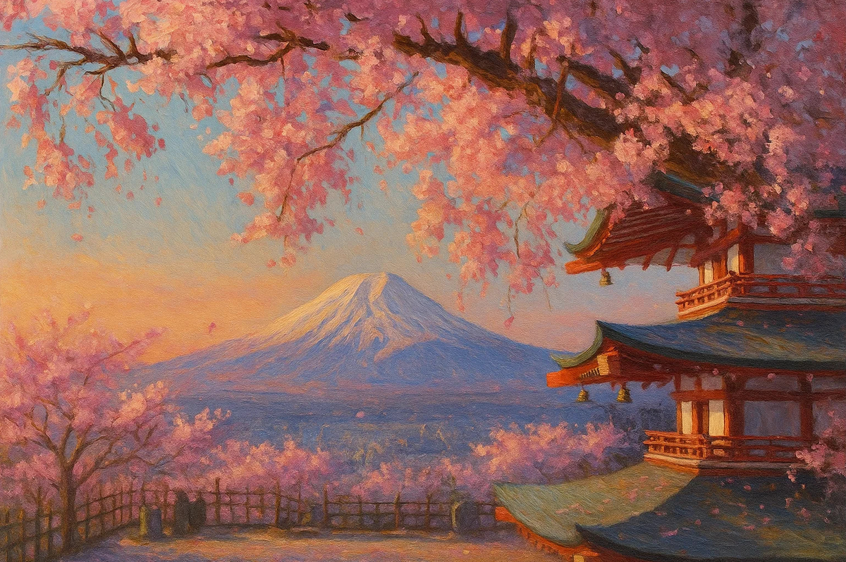 Japan Sakura over Fuji Paint by Numbers Kit — unframed artwork detail