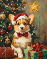Christmas Puppy with Lights and Gifts Paint by Numbers Kit — unframed artwork detail