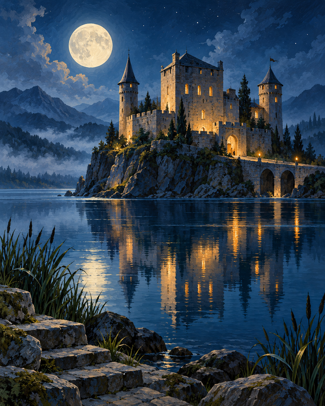 Moonlit Castle by the Lake Paint by Numbers Kit — unframed artwork detail