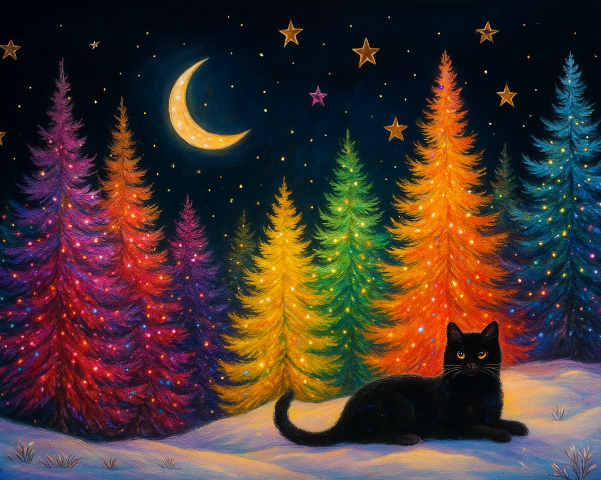 Black Cat in a Colorful Winter Forest Paint by Numbers Kit — unframed artwork detail