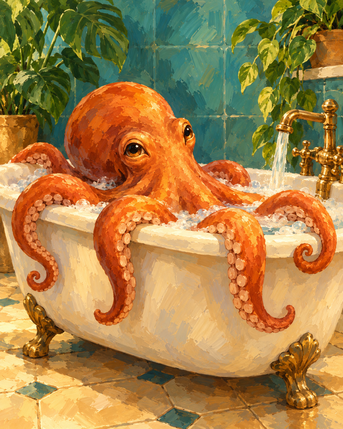Octopus at Bath Time Paint by Numbers Kit — unframed artwork detail