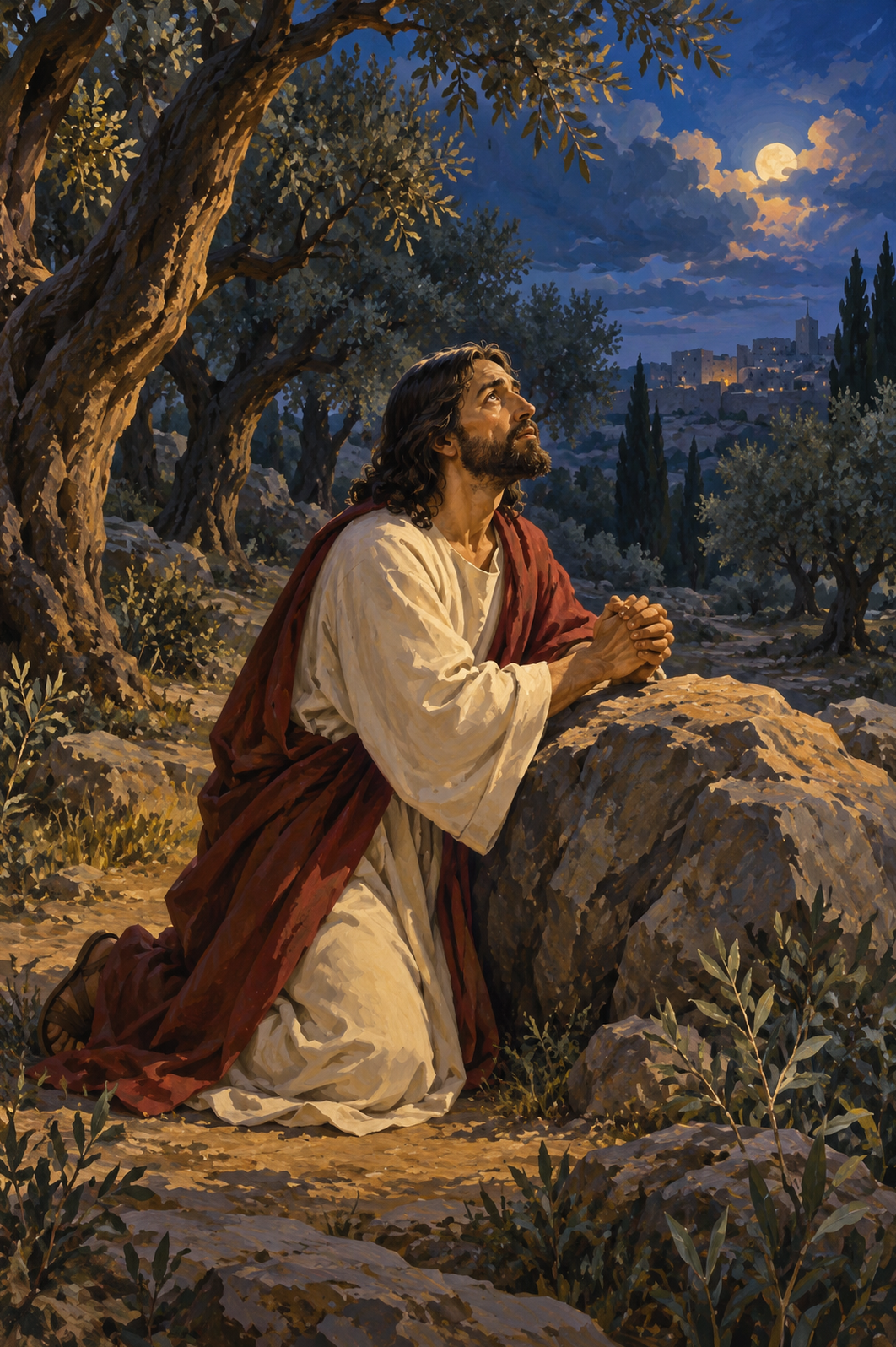 Jesus Praying Among Olive Trees Paint by Numbers Kit — unframed artwork detail