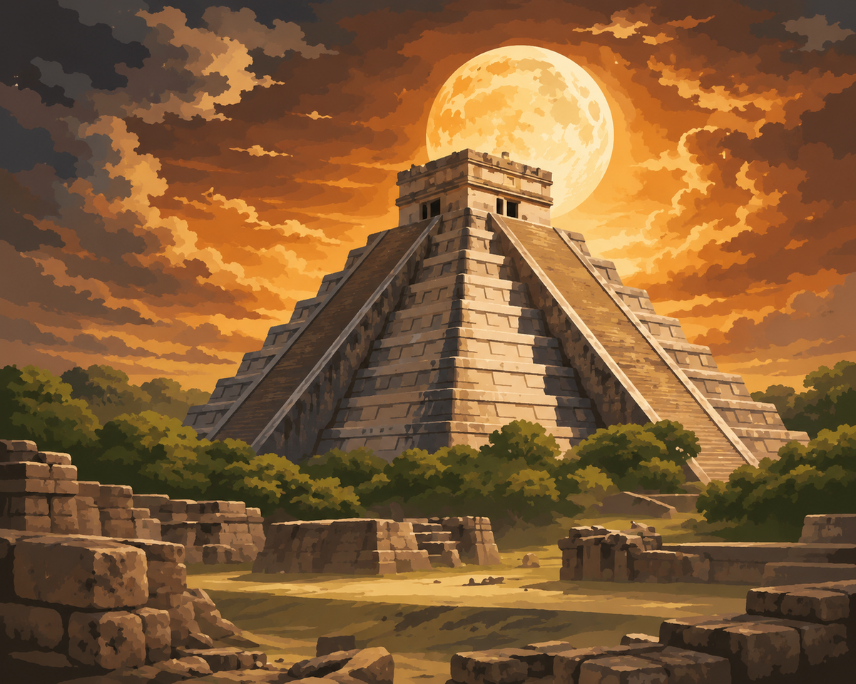 Mayan Temple Under the Full Moon Paint by Numbers Kit — unframed artwork detail