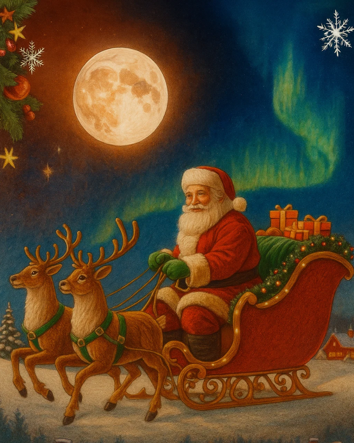 Santa and Reindeer Under the Northern Lights Paint by Numbers Kit — unframed artwork detail