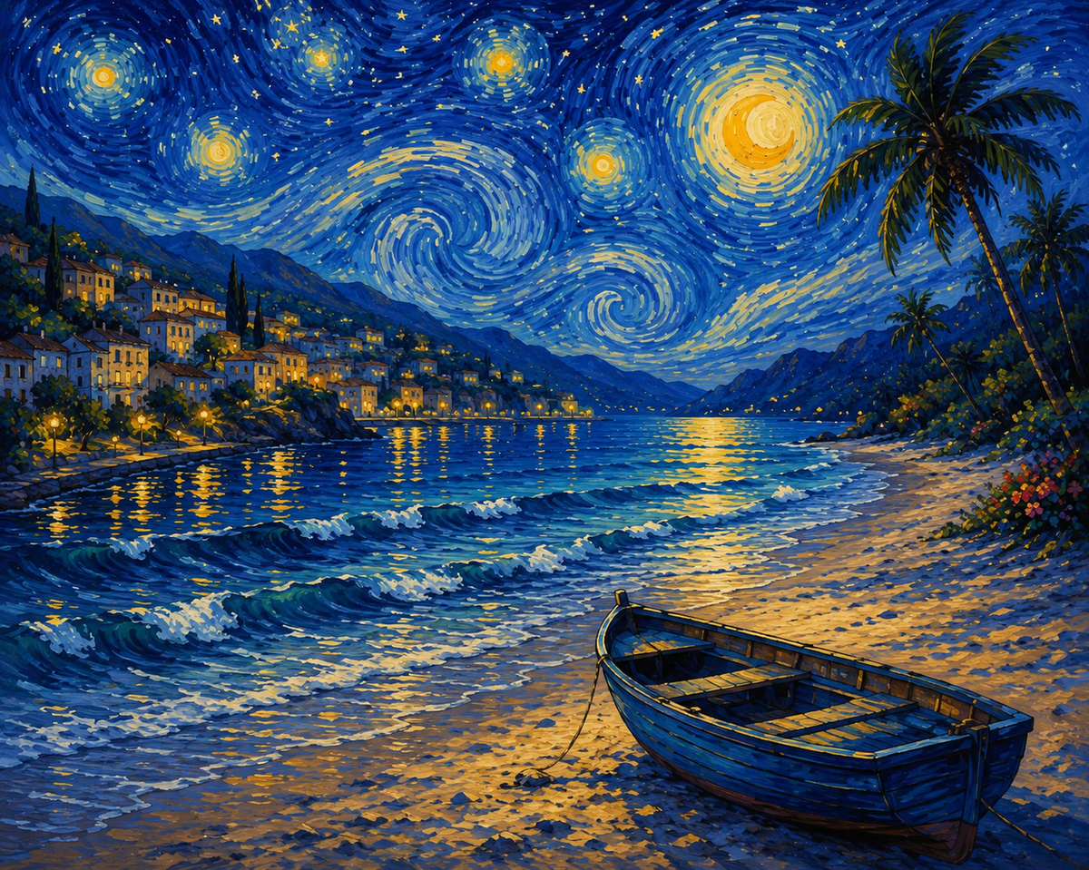 Seaside Village Under a Starry Sky Paint by Numbers Kit — unframed artwork detail