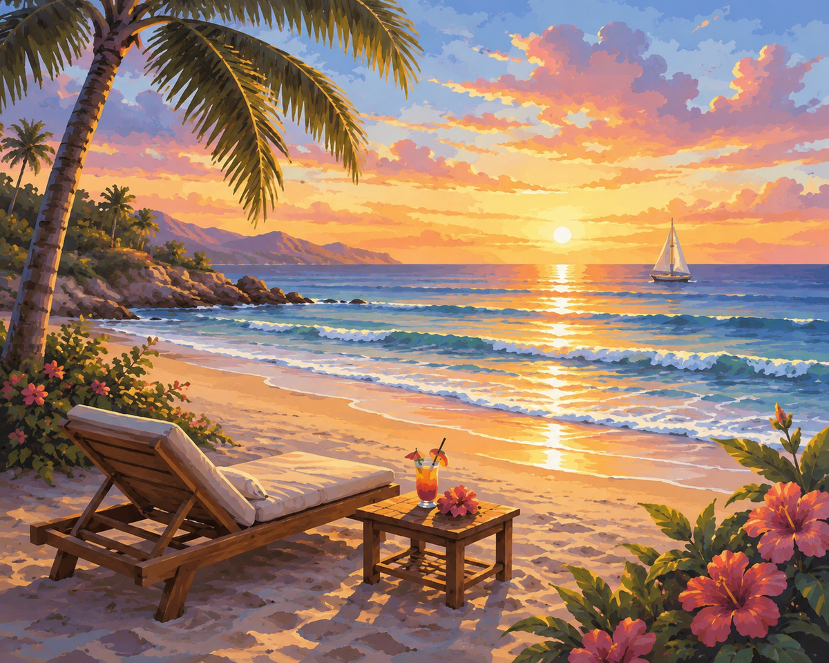Palm Tree Beach at Sunset Paint by Numbers Kit — unframed artwork detail