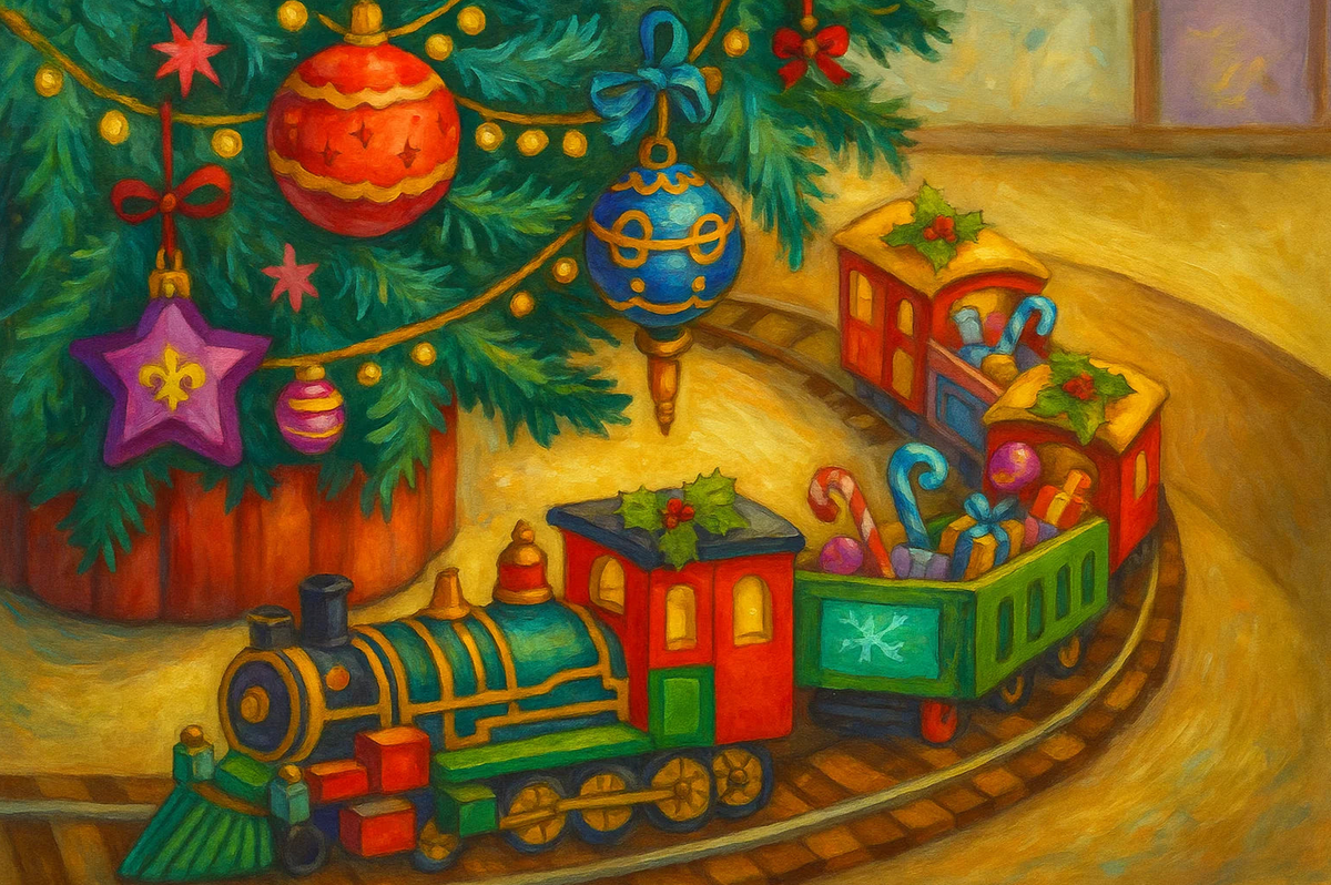 Toy Train Under the Christmas Tree Paint by Numbers Kit — unframed artwork detail