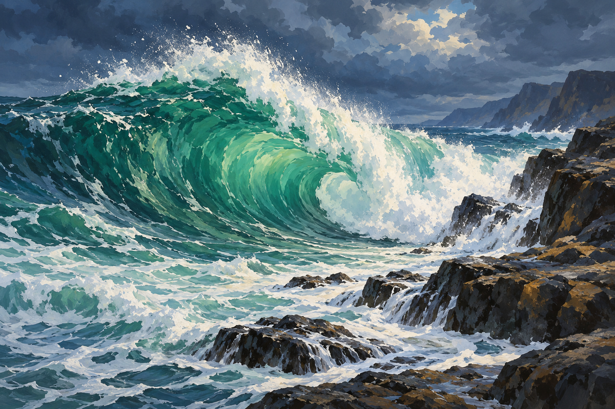 Emerald Ocean Wave and Coastal Rocks Paint by Numbers Kit — unframed artwork detail