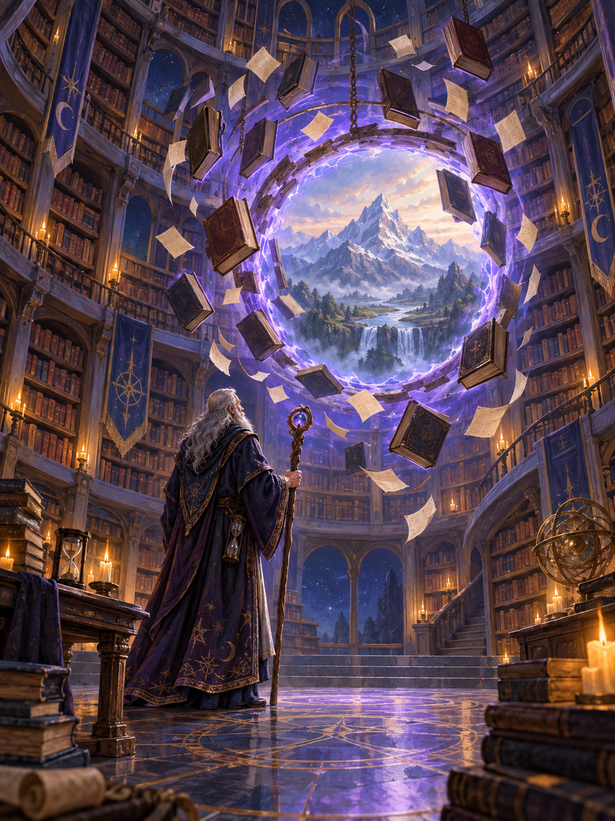 Wizard Opening a Portal in a Library Paint by Numbers Kit — unframed artwork detail
