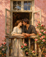 Couple at a Flower-Framed Window Paint by Numbers Kit — unframed artwork detail
