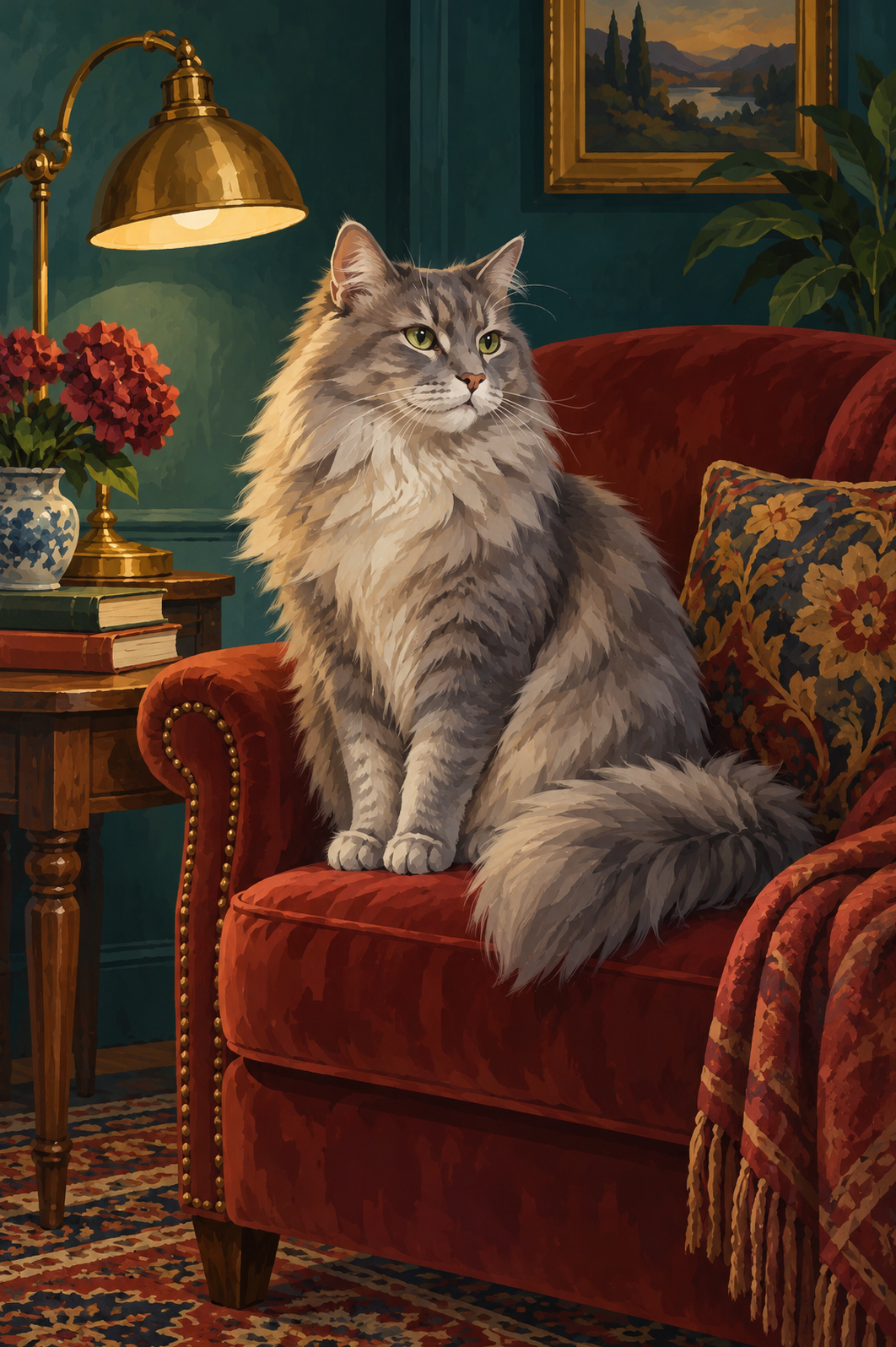 Longhaired Grey Cat by Lamplight Paint by Numbers Kit — unframed artwork detail