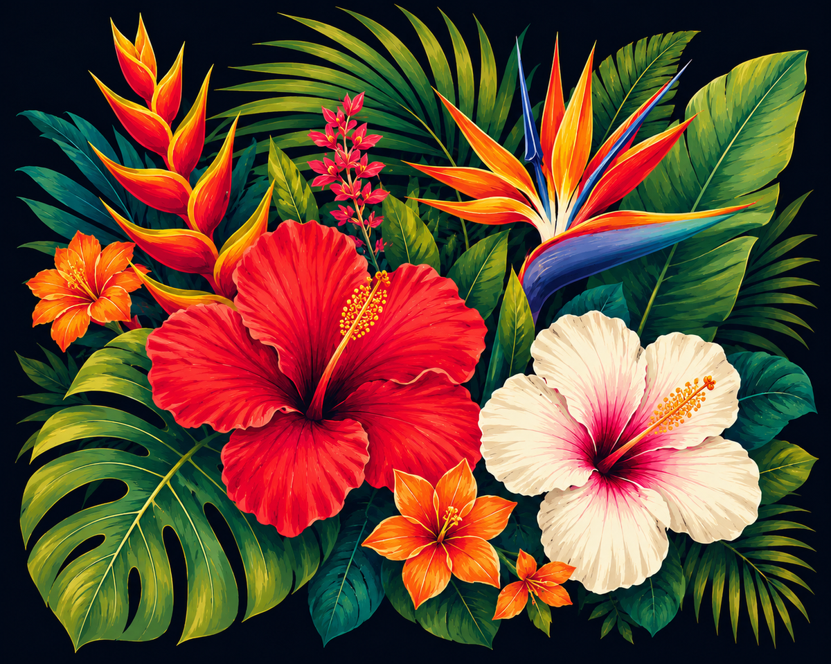 Hibiscus and Bird of Paradise Flowers Paint by Numbers Kit — unframed artwork detail