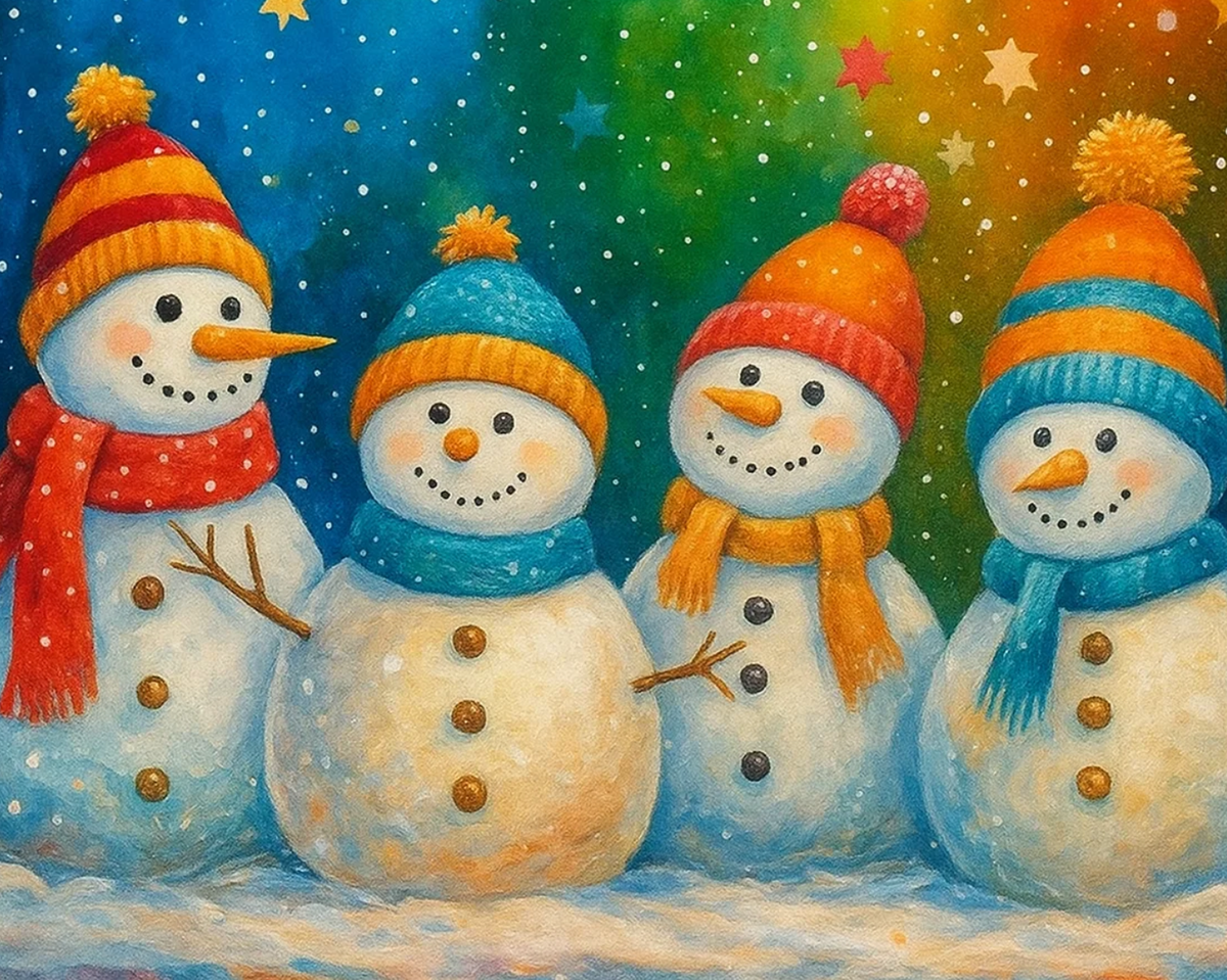 Snowmen Parade Paint by Numbers Kit — unframed artwork detail