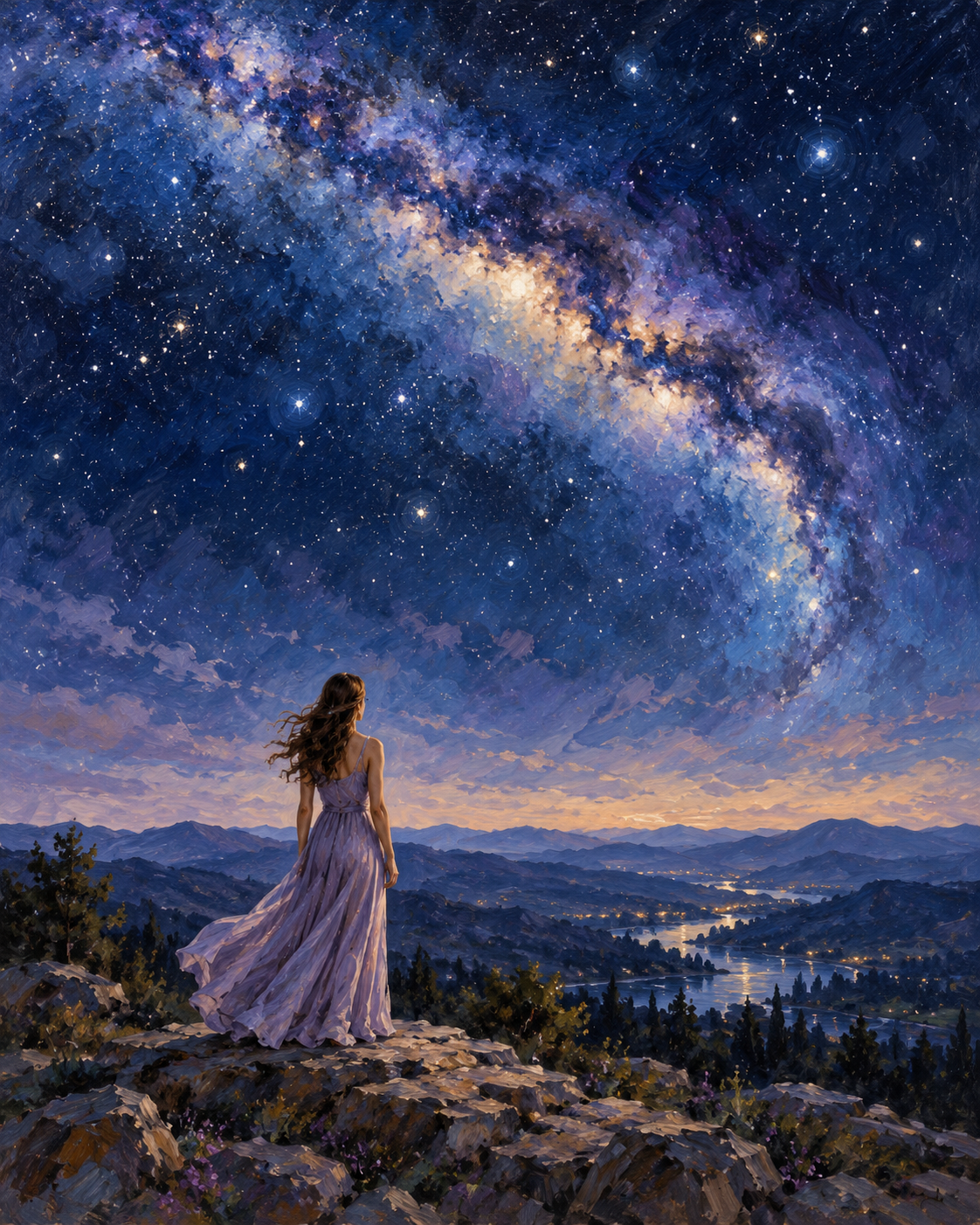 Woman Beneath a Starlit Sky Paint by Numbers Kit — unframed artwork detail