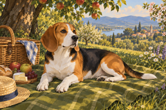 A tricolor beagle rests on a moss-green picnic blanket beside a wicker basket in dappled orchard light.