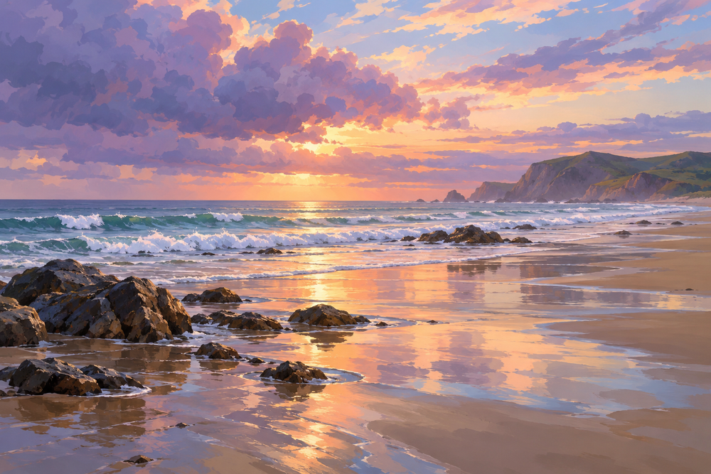 A deserted beach after a passing rainstorm, broad luminous sand reflections, lavender cloudbank opening to peach light, a single distant headland.