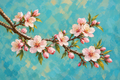 A single curving almond branch with pale pink blossoms spreads diagonally across a luminous muted turquoise background, varied open flowers and buds, original botanical arrangement.