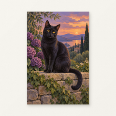 Black Cat on a Garden Wall at Dusk Paint by Numbers Kit — original artwork displayed as a canvas on a warm off-white wall.