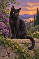 An amber-eyed black cat sits on a stone garden wall among dusky plum and moss-green foliage.