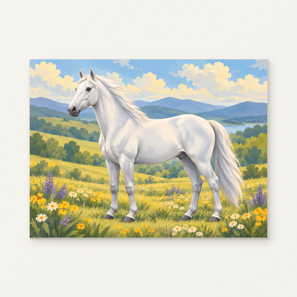 Among the Meadow Flowers Paint by Numbers Kit — complete artwork displayed on a canvas against a warm off-white wall.