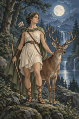 Artemis and a deer in moonlit woodland