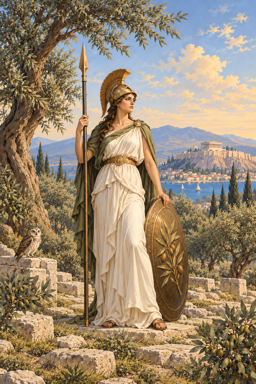 Athena with a shield and spear in an olive grove