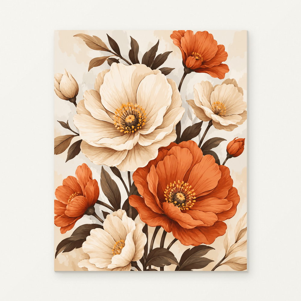 Orange and Cream Autumn Flowers Paint by Numbers Kit — original artwork displayed as a canvas on a warm off-white wall.