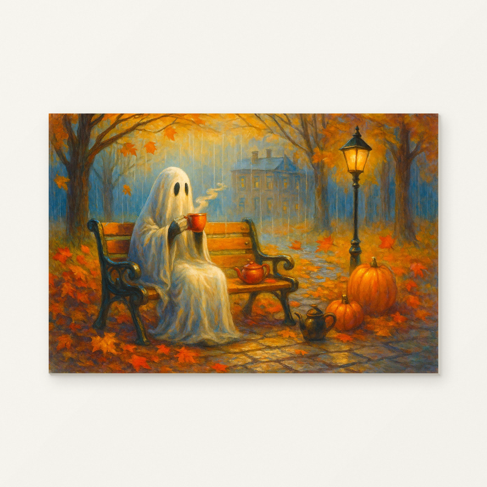 Autumn Rain and Ghostly Tea Paint by Numbers Kit — original artwork displayed as a canvas on a warm off-white wall.