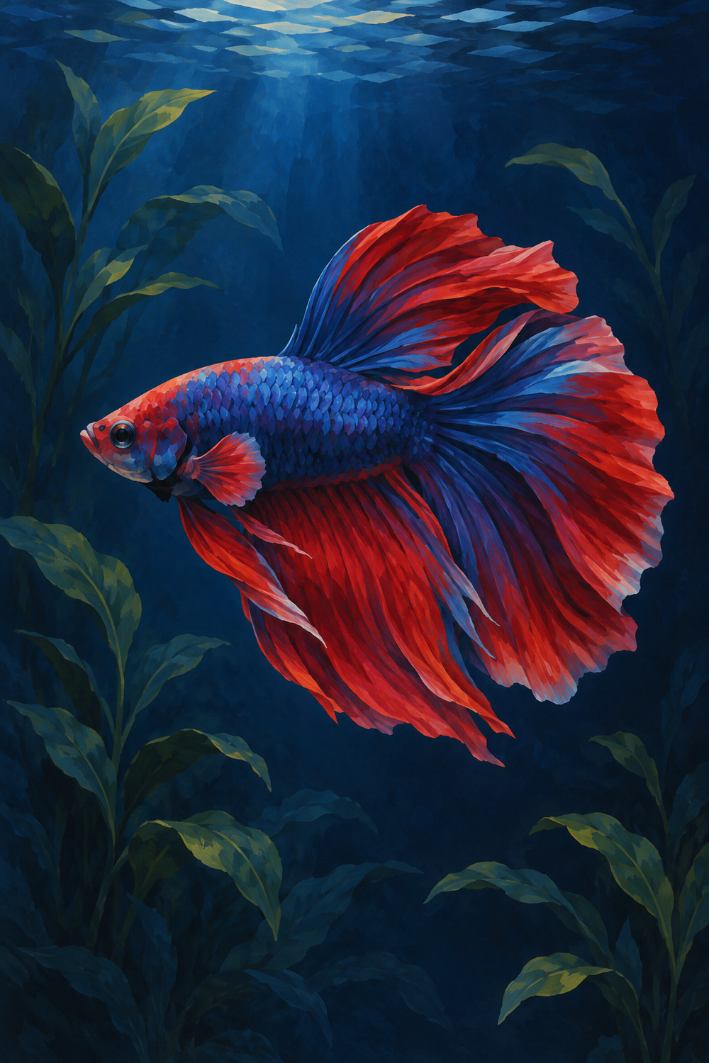 A red-and-indigo betta glides through midnight-blue water, its flowing fins framed by soft aquatic leaves.