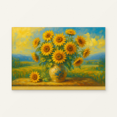 Golden Sunflowers Paint by Numbers Kit — original artwork displayed as a canvas on a warm off-white wall.