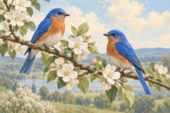 Two eastern bluebirds perch among white apple blossoms and muted sage leaves beneath a pale spring sky.