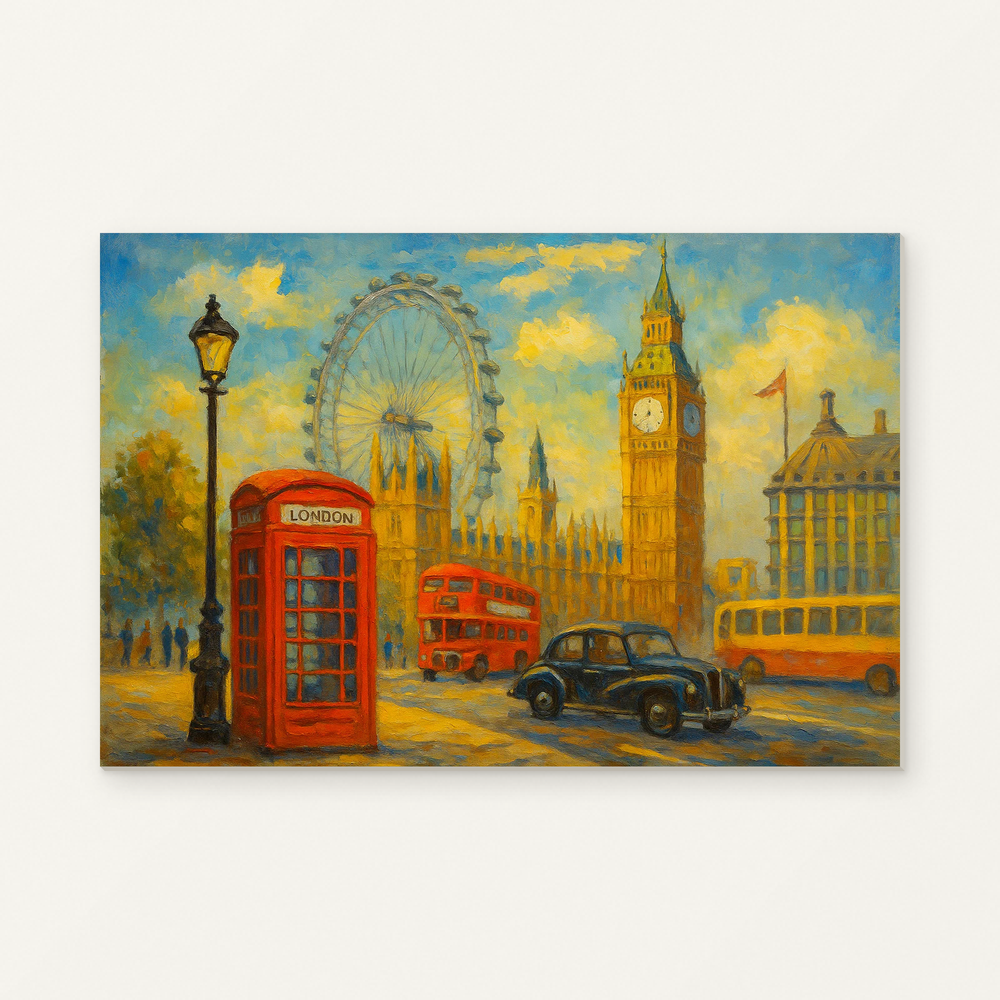 Cab in the Big Ben Light Paint by Numbers Kit — original artwork displayed as a canvas on a warm off-white wall.