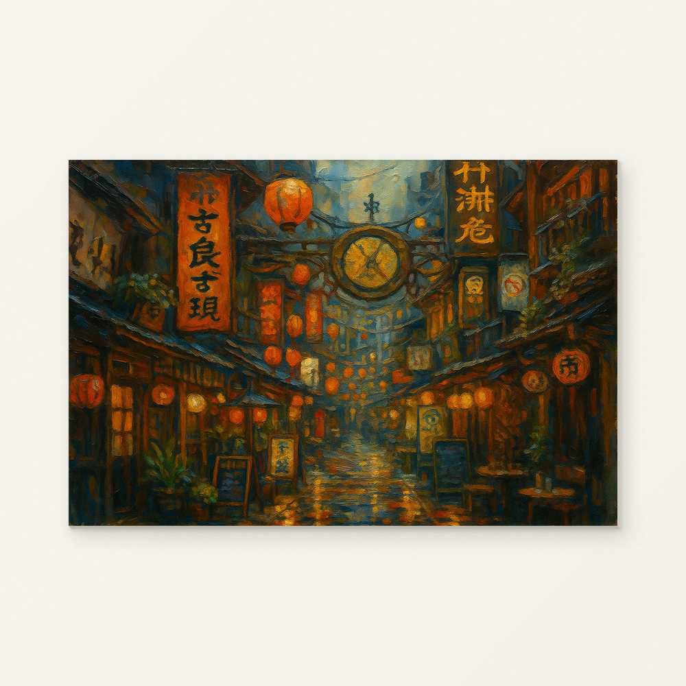 Lanterns in the Tokyo Night Paint by Numbers Kit — original artwork displayed as a canvas on a warm off-white wall.