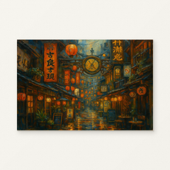 Lanterns in the Tokyo Night Paint by Numbers Kit — original artwork displayed as a canvas on a warm off-white wall.