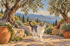 A white-and-grey cat strolls along a stone path beneath olive trees and silvery foliage.