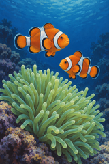 Two orange-and-white clownfish hover above a pale green sea anemone against an indigo backdrop.