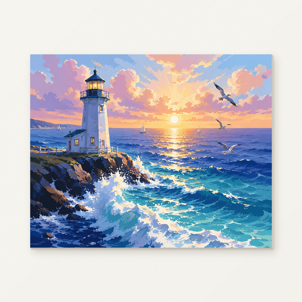 Lighthouse at Sunset Paint by Numbers Kit — original artwork displayed as a canvas on a warm off-white wall.