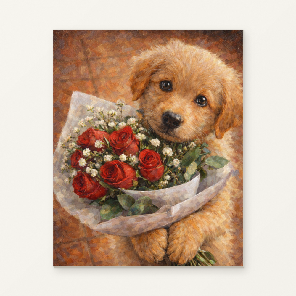Puppy with a Bouquet of Roses Paint by Numbers Kit — original artwork displayed as a canvas on a warm off-white wall.