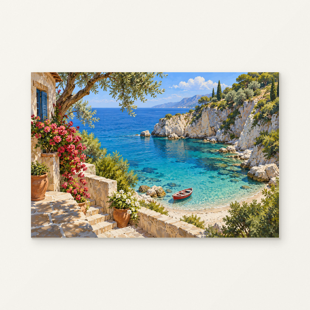 Red Rowboat in a Turquoise Cove Paint by Numbers Kit — original artwork displayed as a canvas on a warm off-white wall.