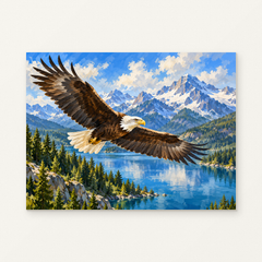 Eagle over the Alpine Lake Paint by Numbers Kit — complete artwork displayed on a canvas against a warm off-white wall.