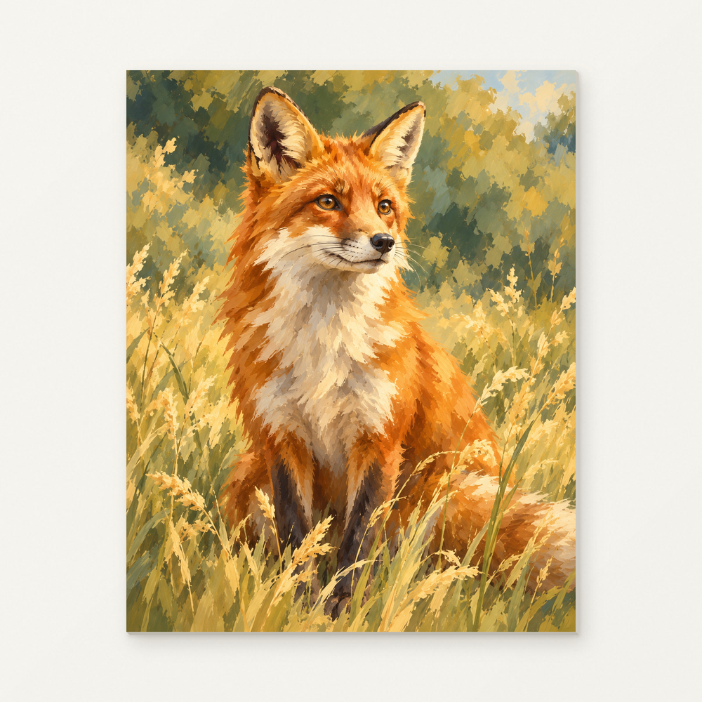 Fox in the Meadow Grass Paint by Numbers Kit — complete artwork displayed on a canvas against a warm off-white wall.