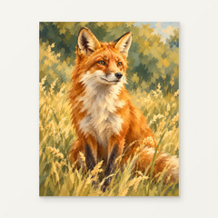 Fox in the Meadow Grass Paint by Numbers Kit — complete artwork displayed on a canvas against a warm off-white wall.