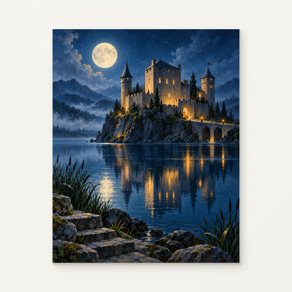Moonlit Castle by the Lake Paint by Numbers Kit — complete artwork displayed on a canvas against a warm off-white wall.
