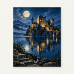 Moonlit Castle by the Lake Paint by Numbers Kit — complete artwork displayed on a canvas against a warm off-white wall.